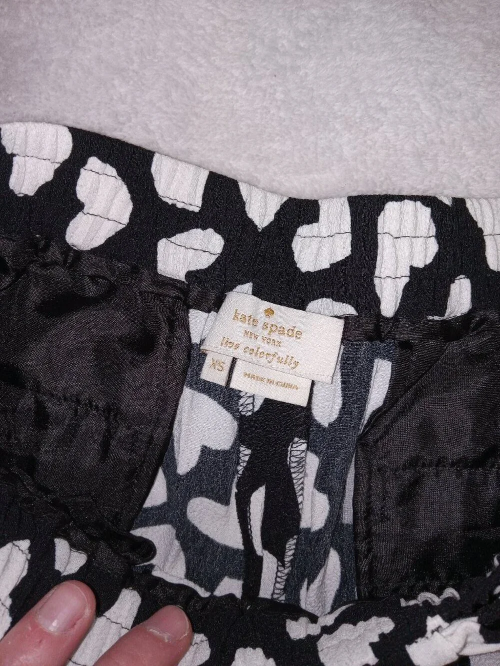 Kate Spade Dancing Hearts Pants XS Black White Heart Print Elastic Waist Bow Vis